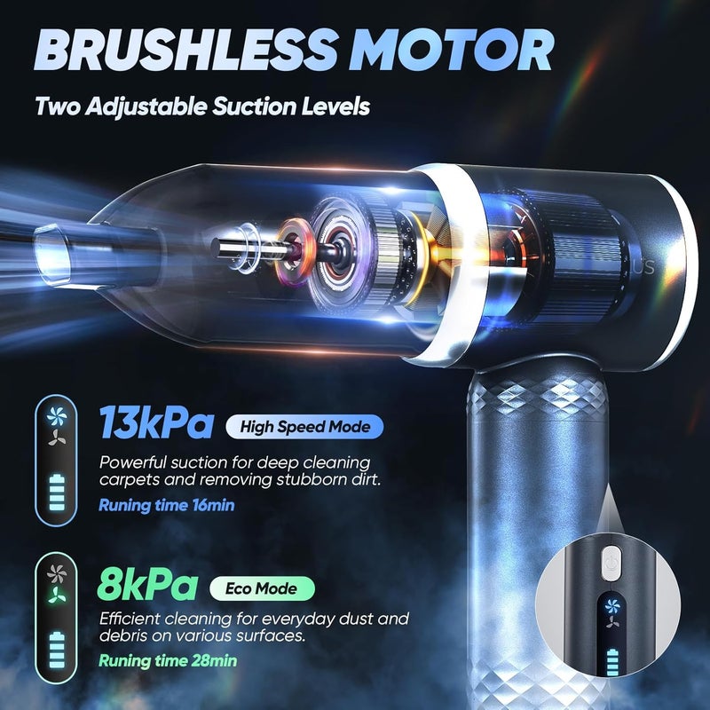 SakerPlus Mini Vacuum Cleaner, 3 in 1 Cordless Handheld Vacuum Cleaner, 13000Pa High Power Car Vacuum Cleaner with Brushless Motor,Adjustable Car Vaccum Portable Cordless for Cars,Desktop-DBS03 - Image 3